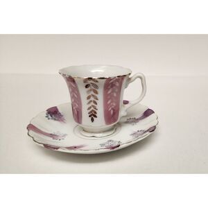 Vintage Early 19th Century White, Purple Gold Trim Teacups and Saucers